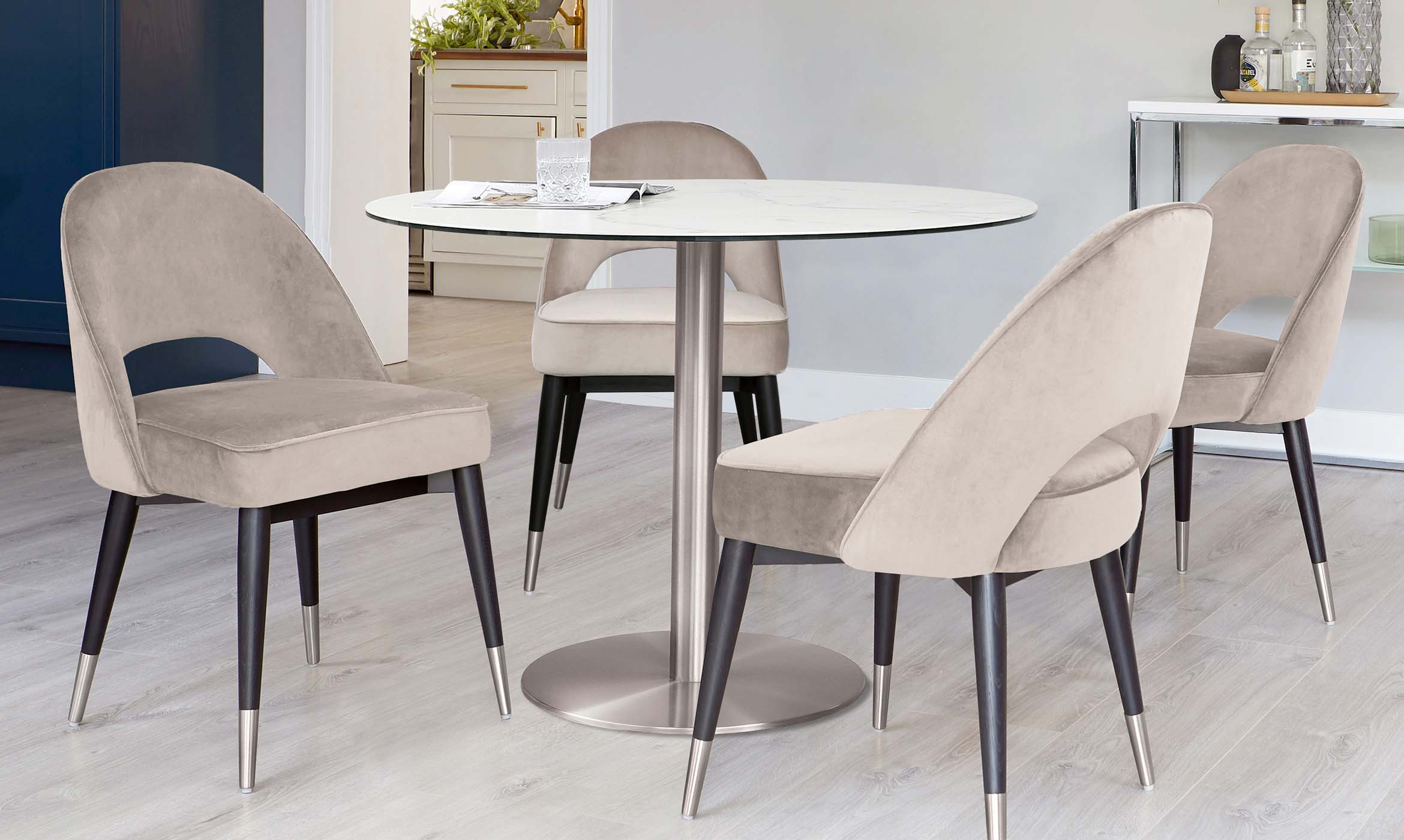 Clover Champagne Velvet Dining Chair With Stainless Steel Caps (Sold in pairs)