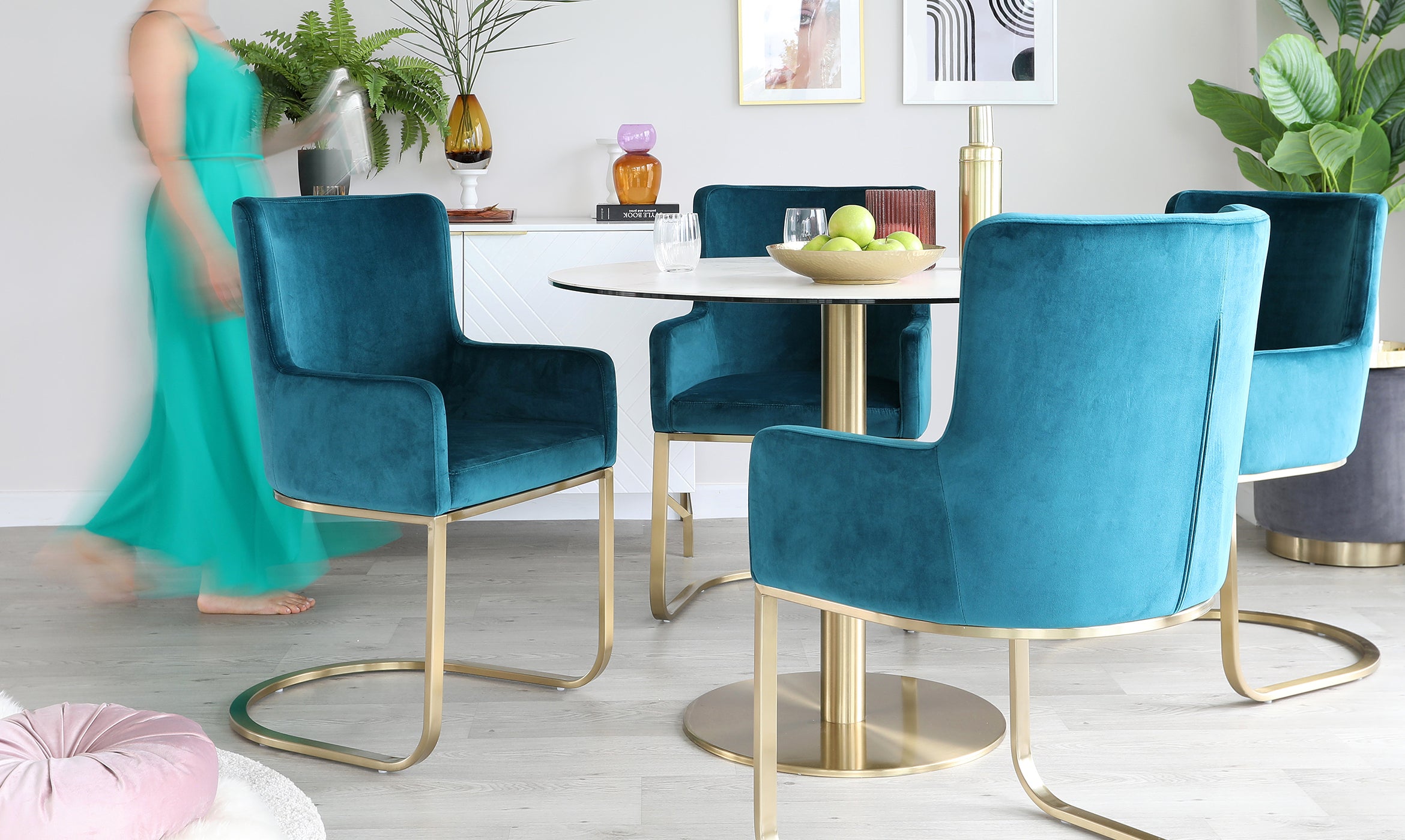 Form Dark Teal Velvet And Brass Cantilever Dining Armchair (Sold in pairs)