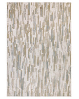 Modern abstract-patterned area rug featuring a mix of neutral colours, including shades of beige, grey, and blue.