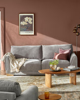 Saige mid grey fabric 3 seater sofa with natural wood legs