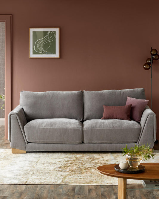 Saige mid grey fabric 3 seater sofa with natural wood legs