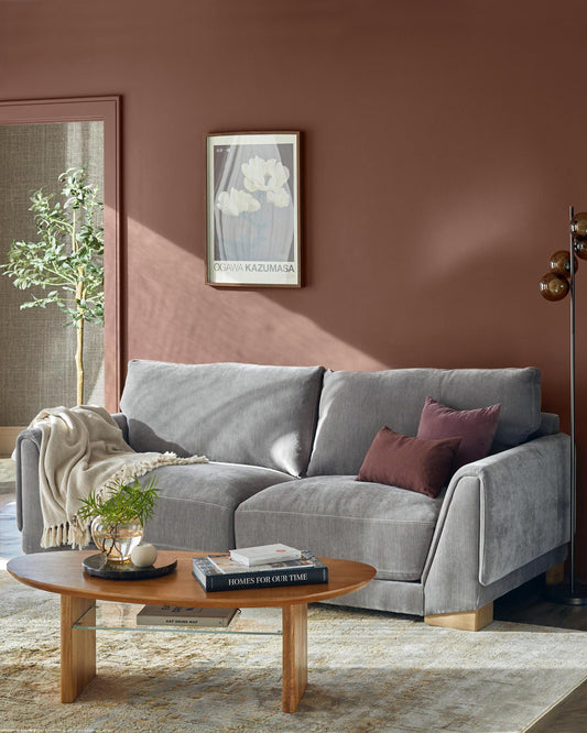 Saige mid grey fabric 3 seater sofa with natural wood legs