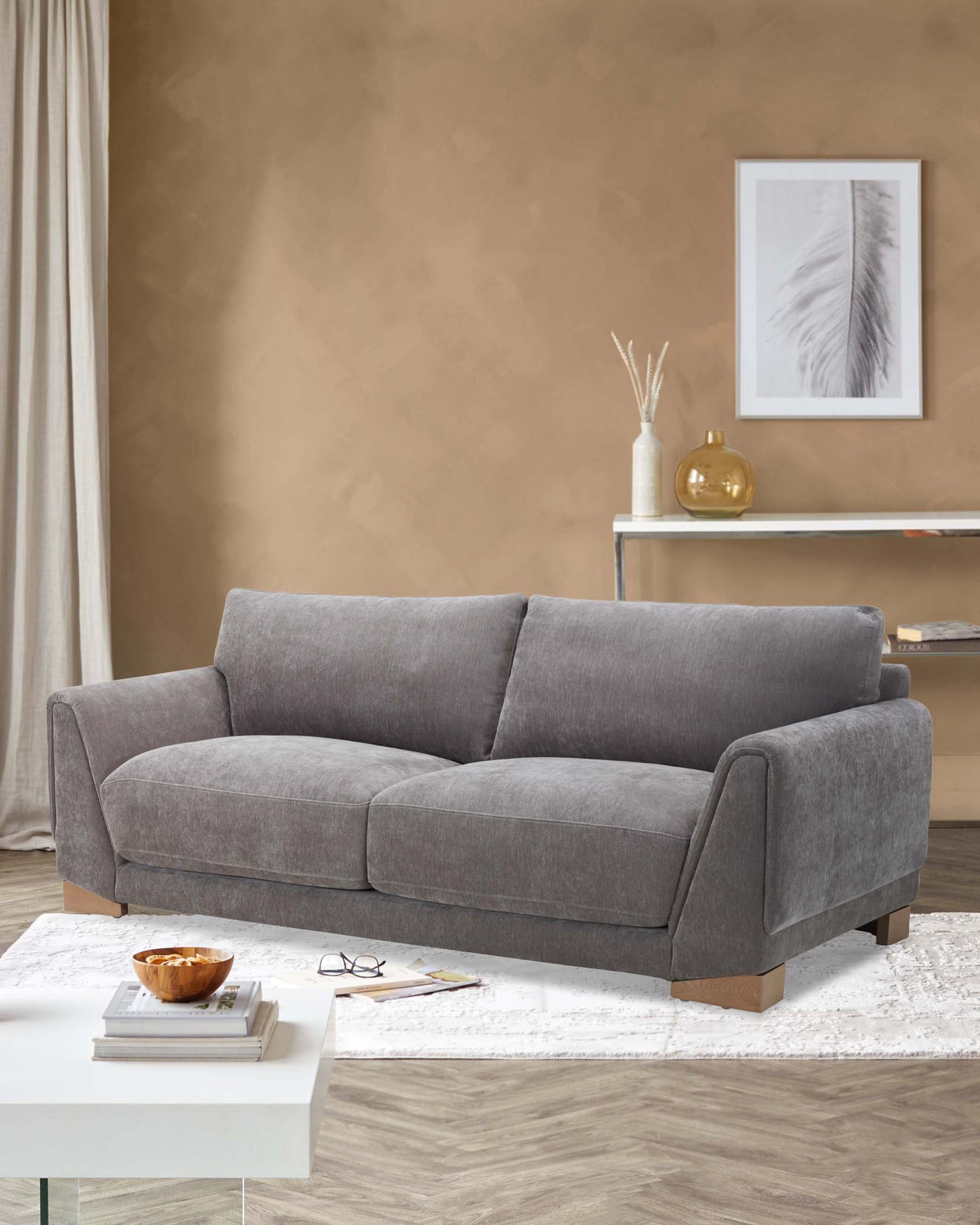 Saige mid grey fabric 3 seater sofa with natural wood legs