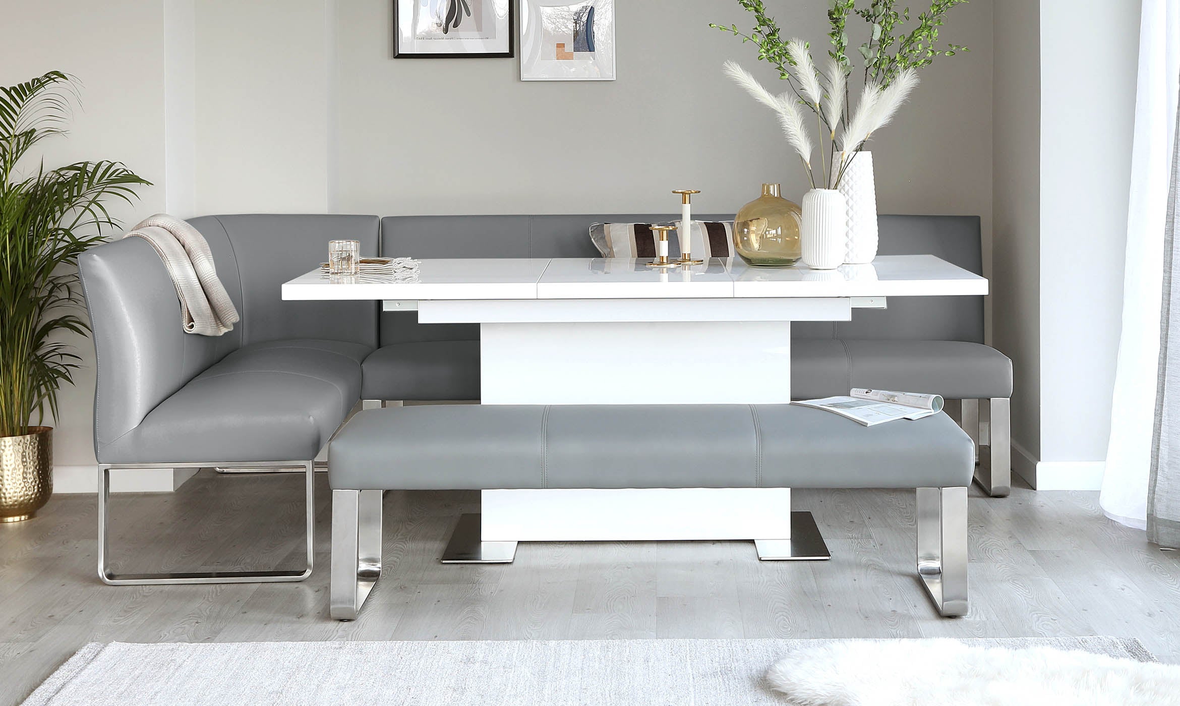 Loop 7 Seater Grey Faux Leather & Stainless Steel Right Hand Corner Bench