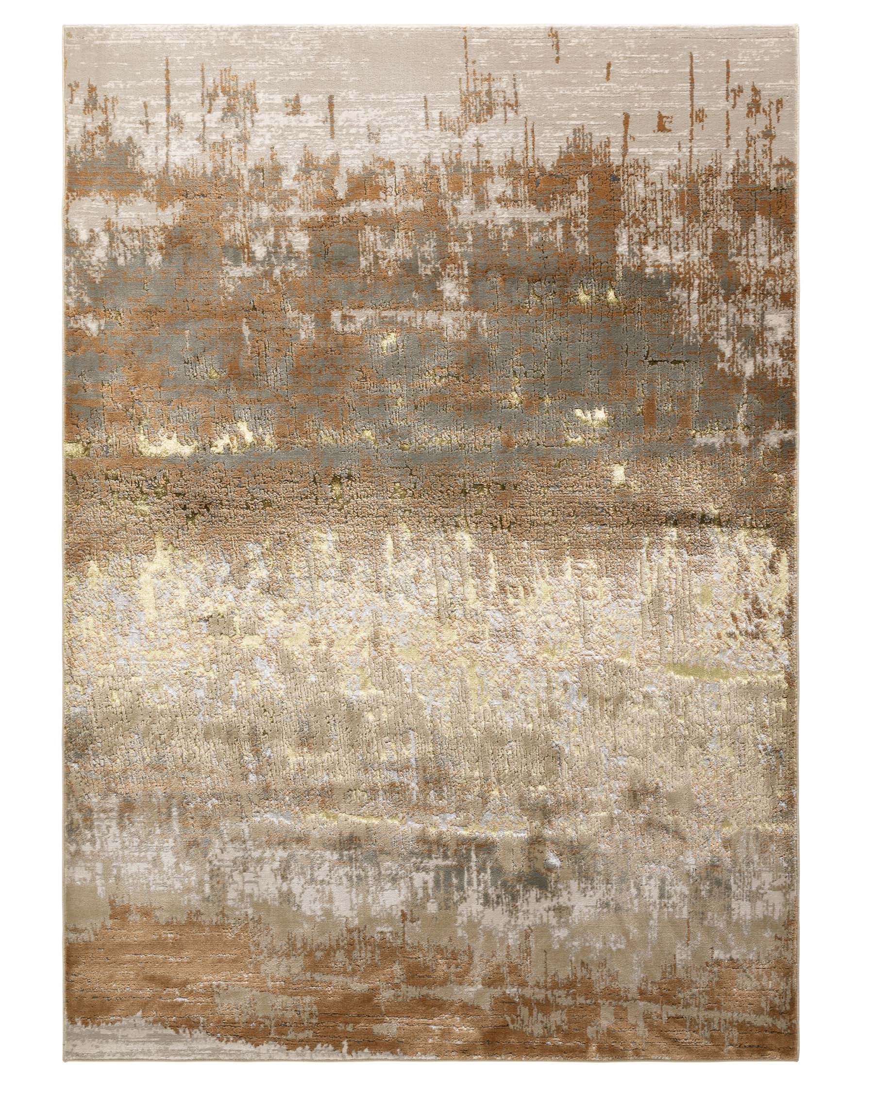 Contemporary area rug with abstract design, featuring a blend of neutral shades including beige, cream, brown, and grey with hints of metallic gold. The rug has a distressed texture, giving it a modern, yet lived-in aesthetic.