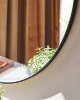 Round wall-mounted mirror with a thin black frame, reflecting a potted plant and a part of a brown curtain.