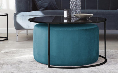 Thea Round Black Coffee Table and Dark Teal Pouffe Set