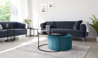 Thea Round Black Coffee Table and Dark Teal Pouffe Set