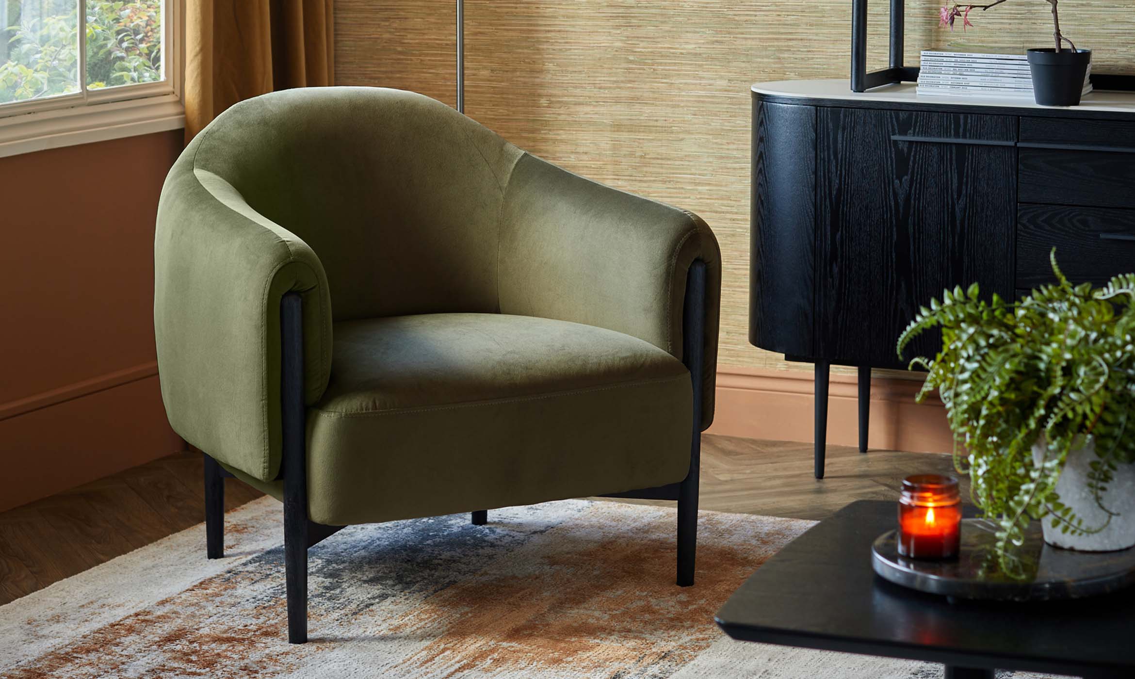 Tristan Olive Green Velvet Accent Chair with Black Wood