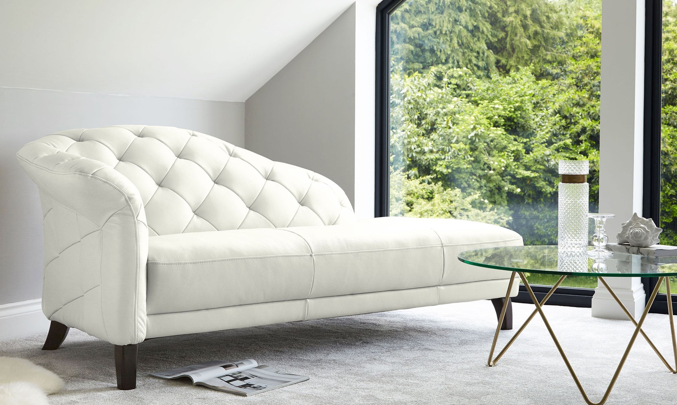 Luxe Modern White Real Leather Chaise Lounge Left Handing