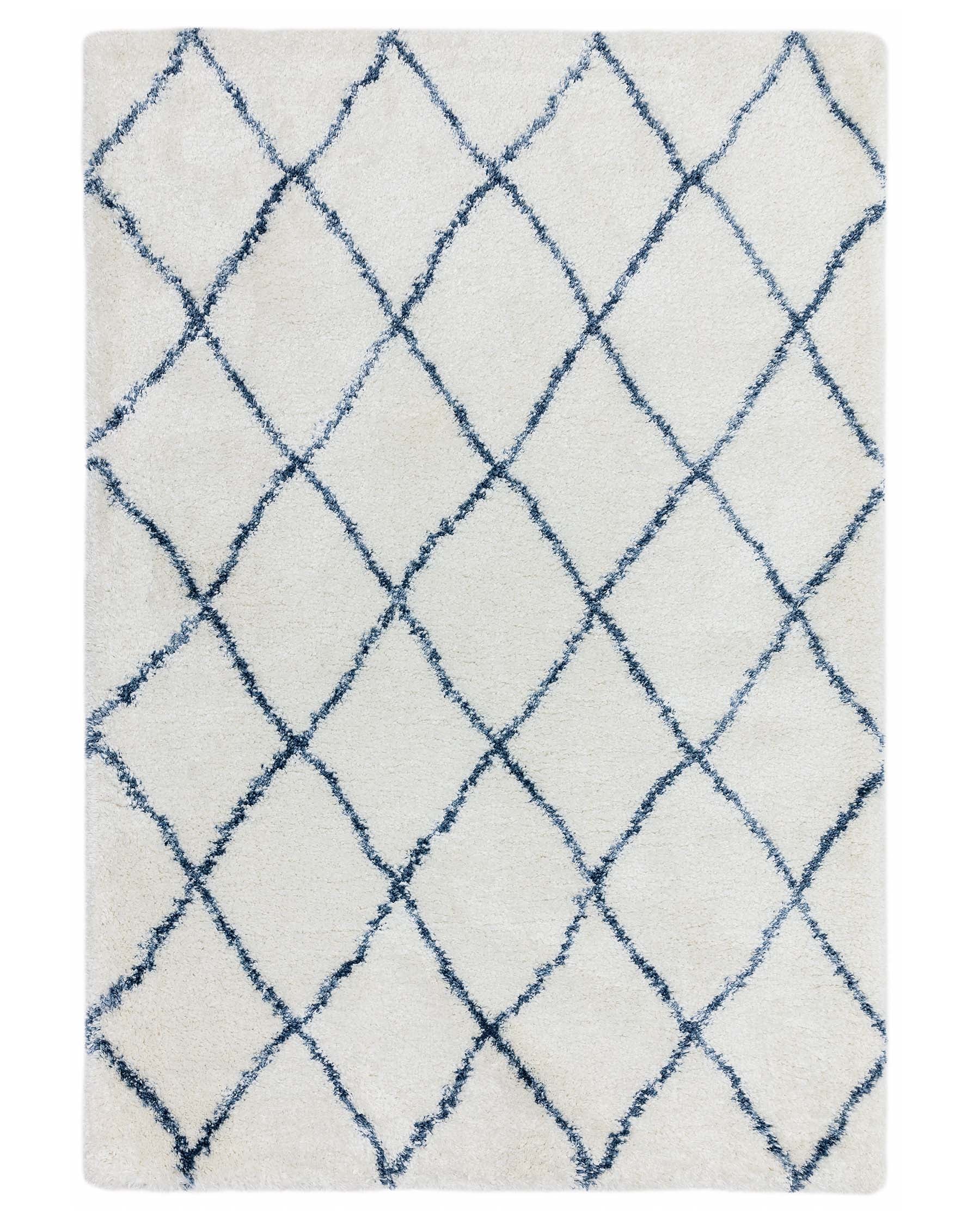 Plush white area rug with a diamond pattern in navy blue.