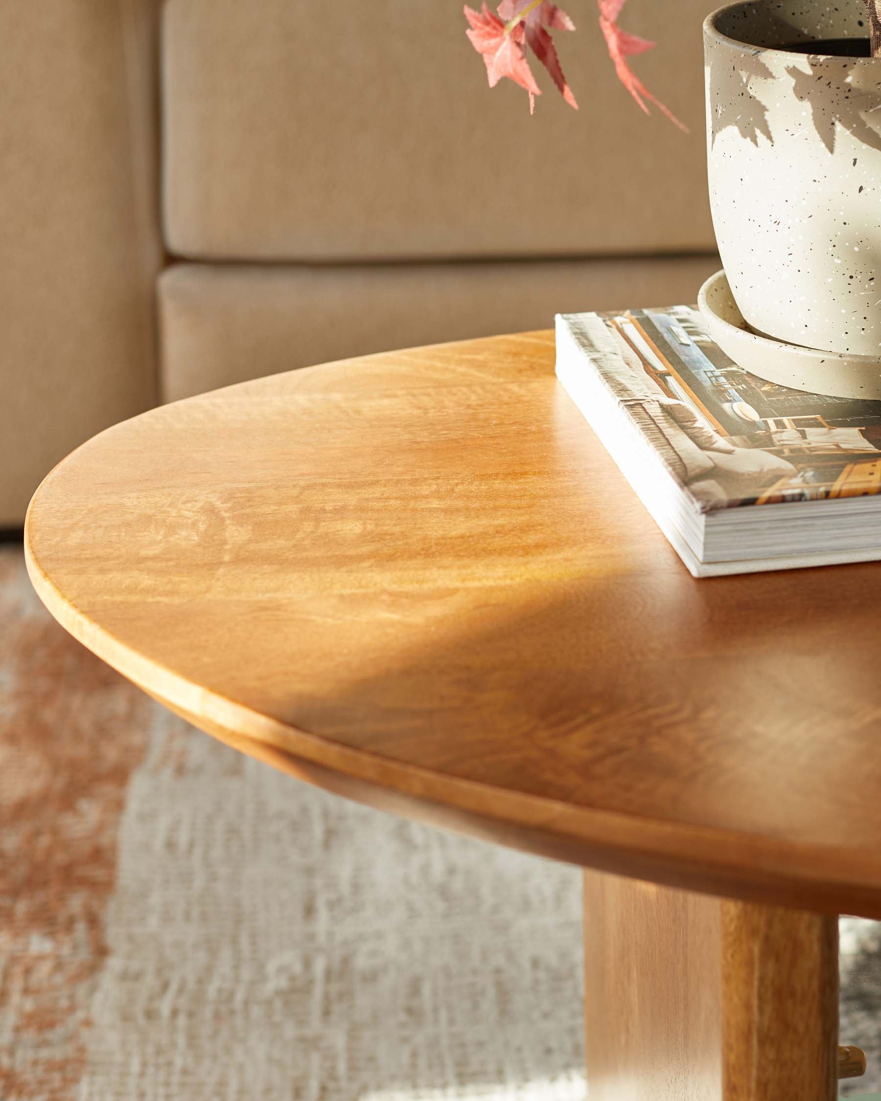 A warm wooden coffee table with a rounded top, featuring a decorative plant and a stacked magazine. Cozy, modern design.