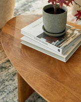 Rounded wooden coffee table topped with books and a textured gray pot holding a small plant, set on a patterned rug.