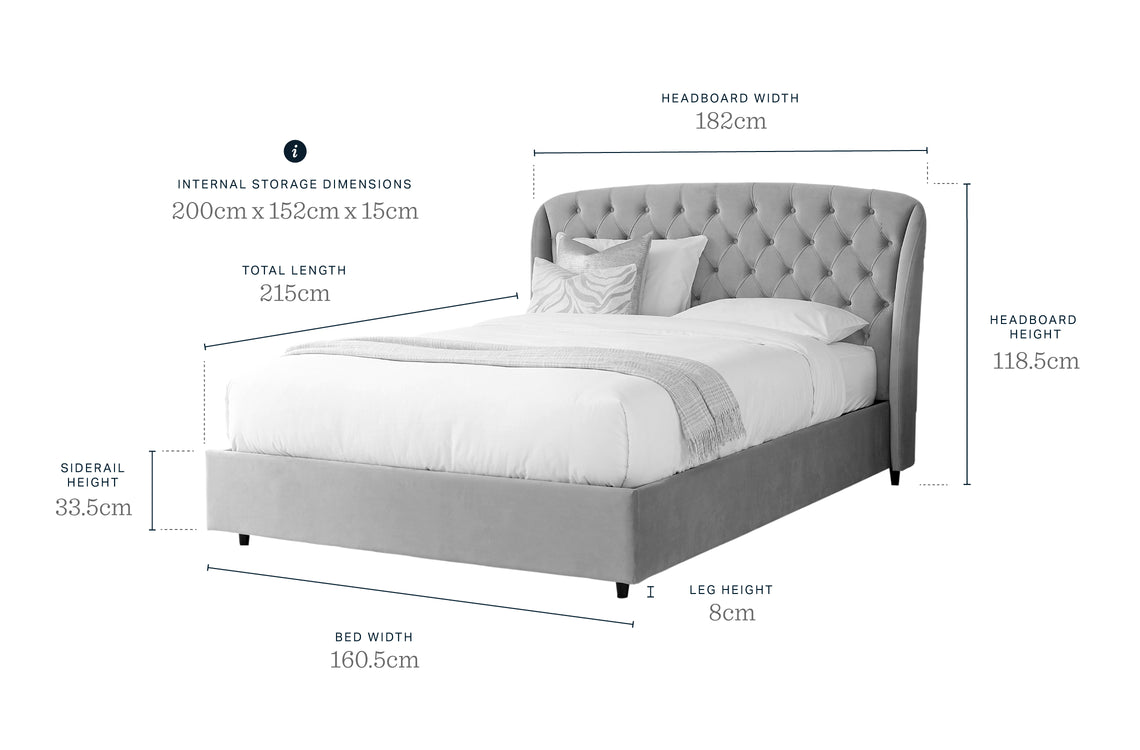 Manolo Light Grey Velvet King Size Ottoman Storage Bed