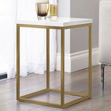 Modern minimalist white marble top side table with a sleek gold metal frame, featuring a clean geometric design.