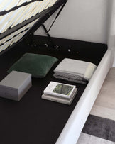 Modern minimalist daybed with a black frame and neutral-toned mattress, featuring complementary throw pillows and a geometric-patterned blanket, accented by a stack of design books and a decorative storage box.