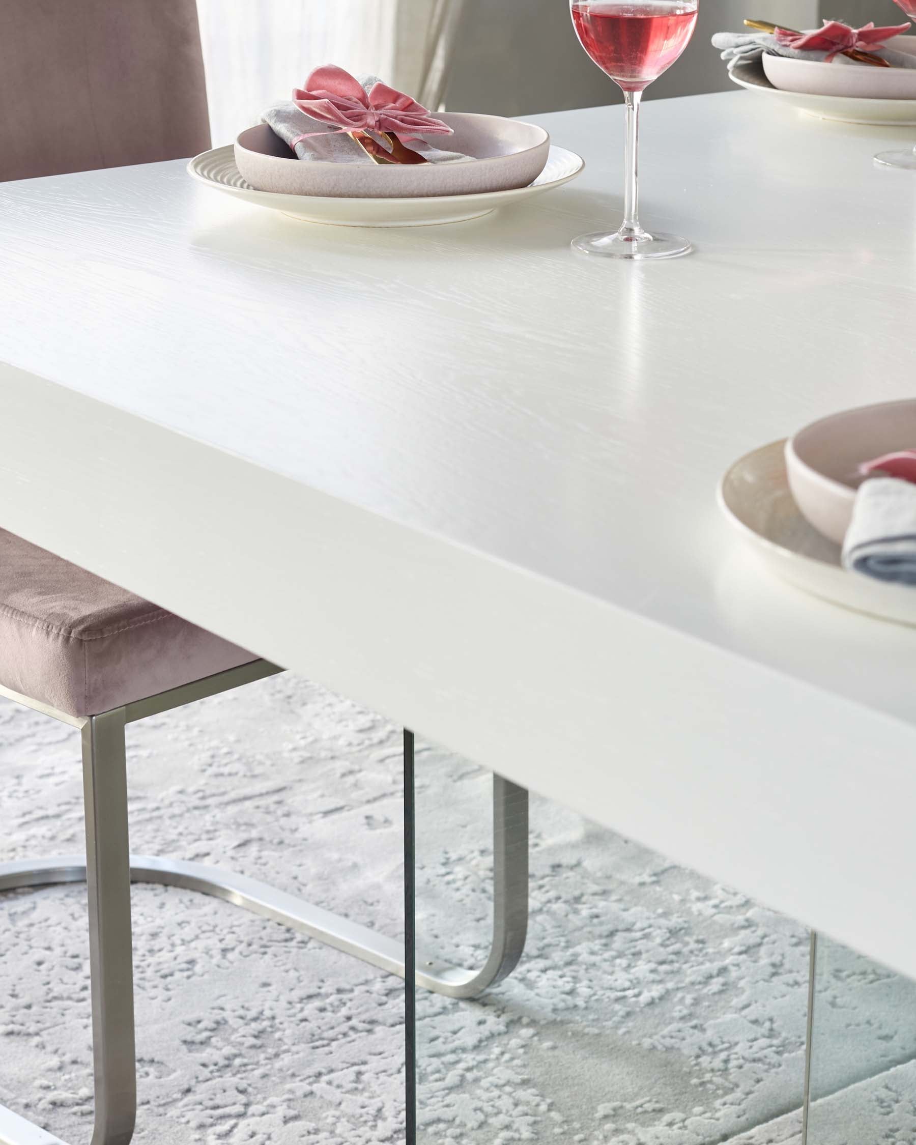 Modern minimalist white dining table with sleek metal legs and a rectangular tabletop, accompanied by soft velvet taupe dining chairs with slender metal frames.