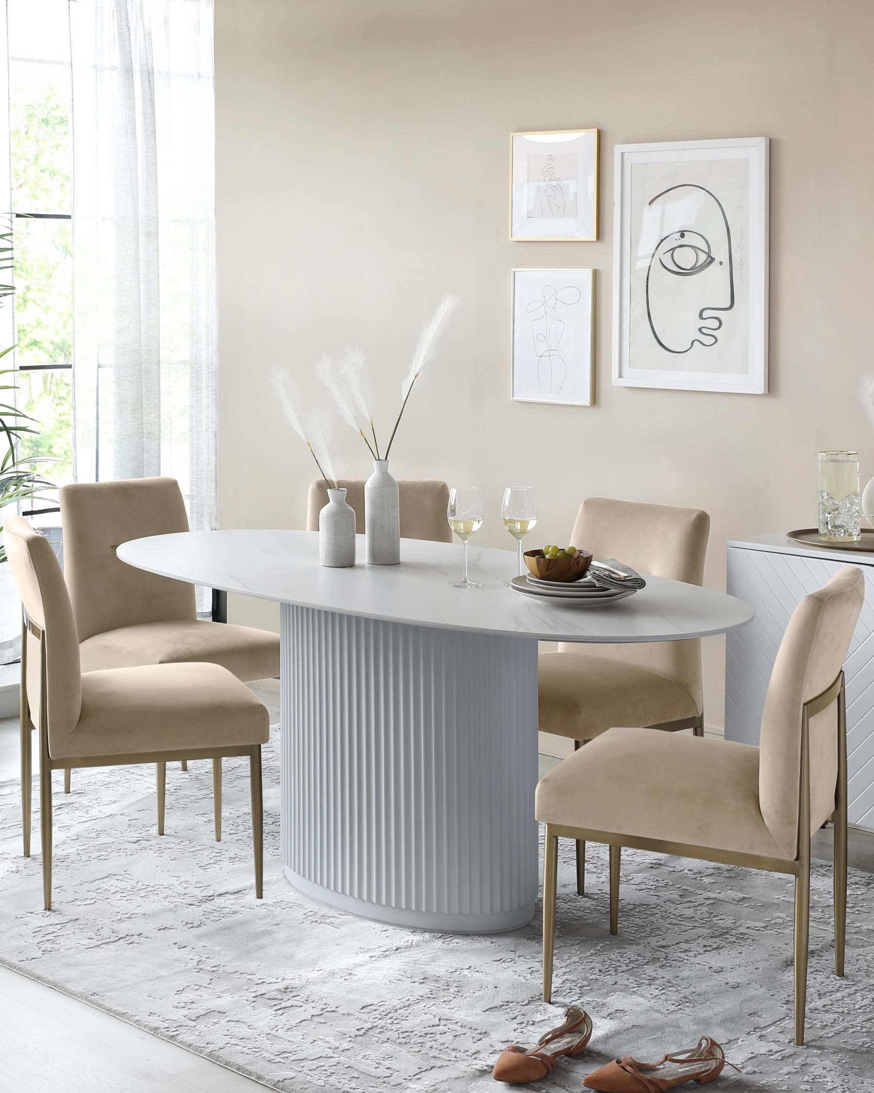 Modern dining room with an oval white table featuring a fluted pedestal base, surrounded by four beige upholstered chairs with slender metal legs, set on a textured white area rug.