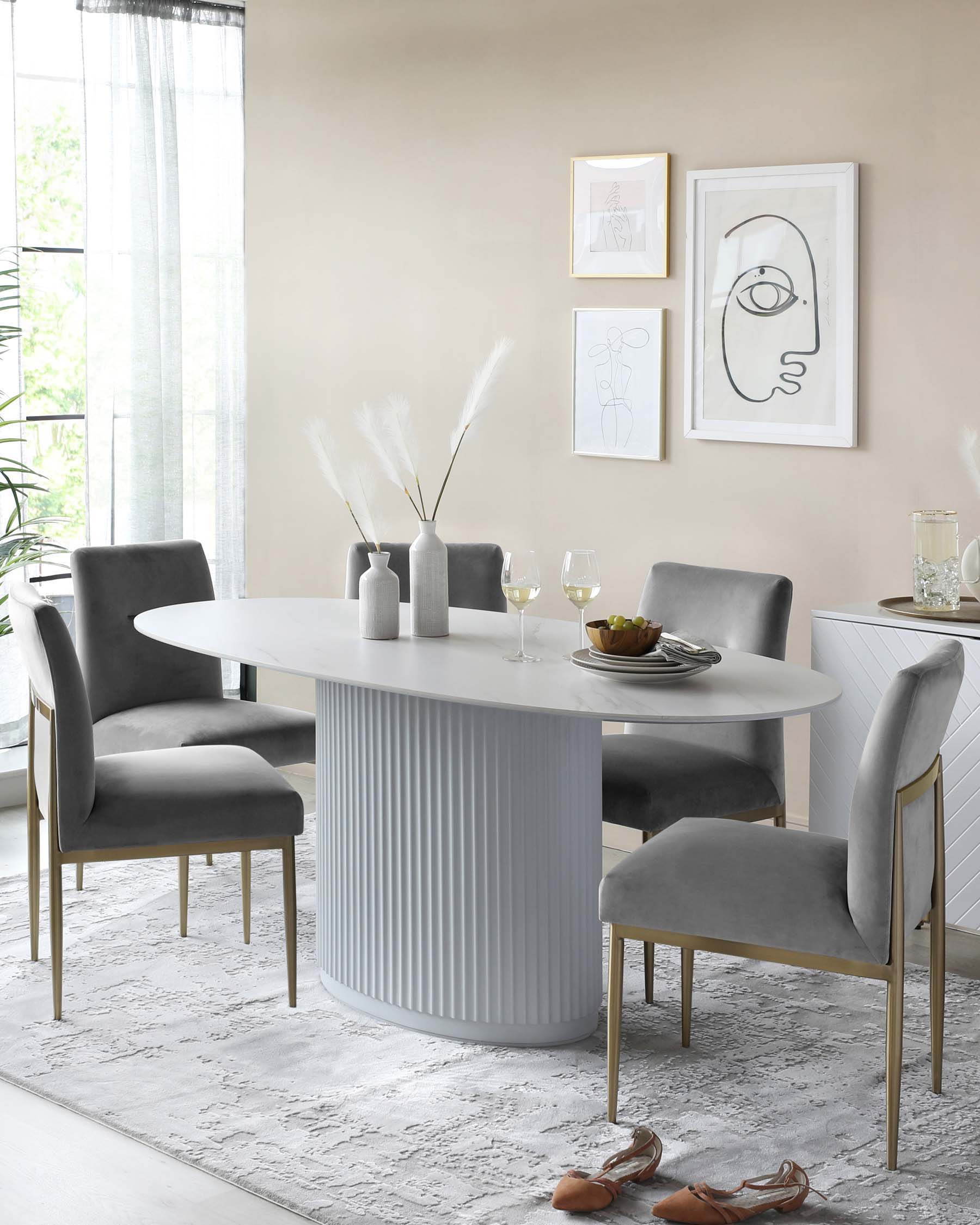 Elegant modern dining room furniture featuring a round white table with a fluted pedestal base and a set of four plush grey upholstered chairs with metallic gold accents on the legs.