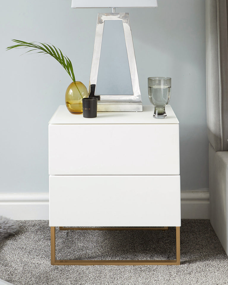 White Double Drawer Bedside Table White And Brass Side Table Danetti 7309