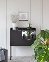 A modern black sideboard with brass handles and slender metal legs, featuring two cabinet doors and a shelf with glass panelling, displaying decorative items and houseplants.