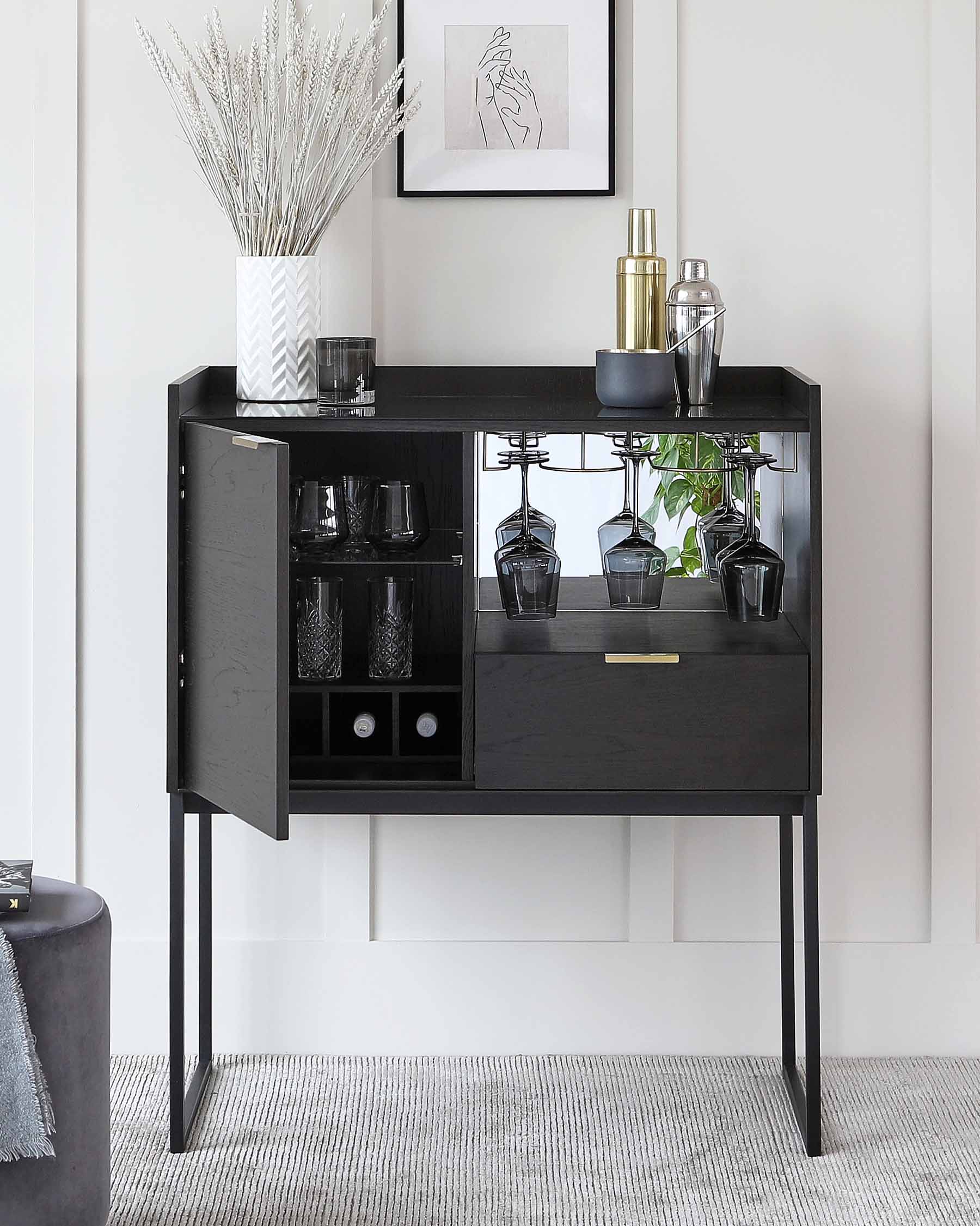 Matte black sideboard with sleek modern lines, featuring two open shelves, a built-in wine rack, and two closed compartments with metallic gold handles. It stands on four straight metal legs and is styled with various decorative items.