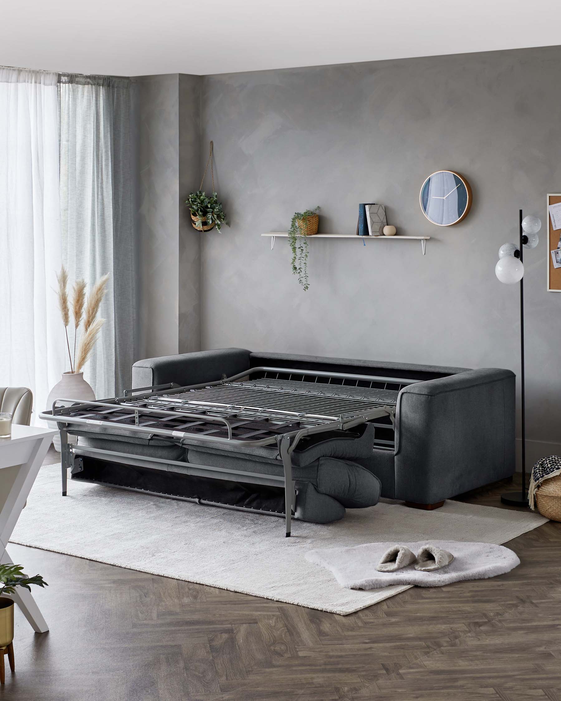 A modern dark grey sleeper sofa with its bed mechanism partially extended, featuring a sturdy metal frame. The sofa has rounded armrests, plush back cushions, and wooden legs. A neutral textured area rug lies beneath the sofa.