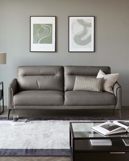 Contemporary grey three-seater leather sofa with plush cushions and subtle stitching details, paired with a dark wooden coffee table featuring a reflective glass top and open shelf with books. The arrangement sits on a gradient grey area rug, complemented by a sleek, black floor lamp and flanked by two framed abstract artworks on a muted wall.