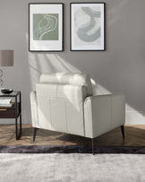 Modern light grey leather loveseat with a cushioned back, rectangular armrests, and black tapered legs.