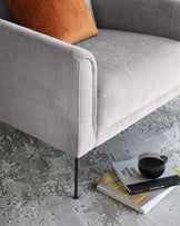 Contemporary grey upholstered sofa with a minimalist design and sleek metal legs, complemented by a textured burnt orange cushion. A dark coffee cup and saucer rest atop a stack of books on a patterned grey area rug.