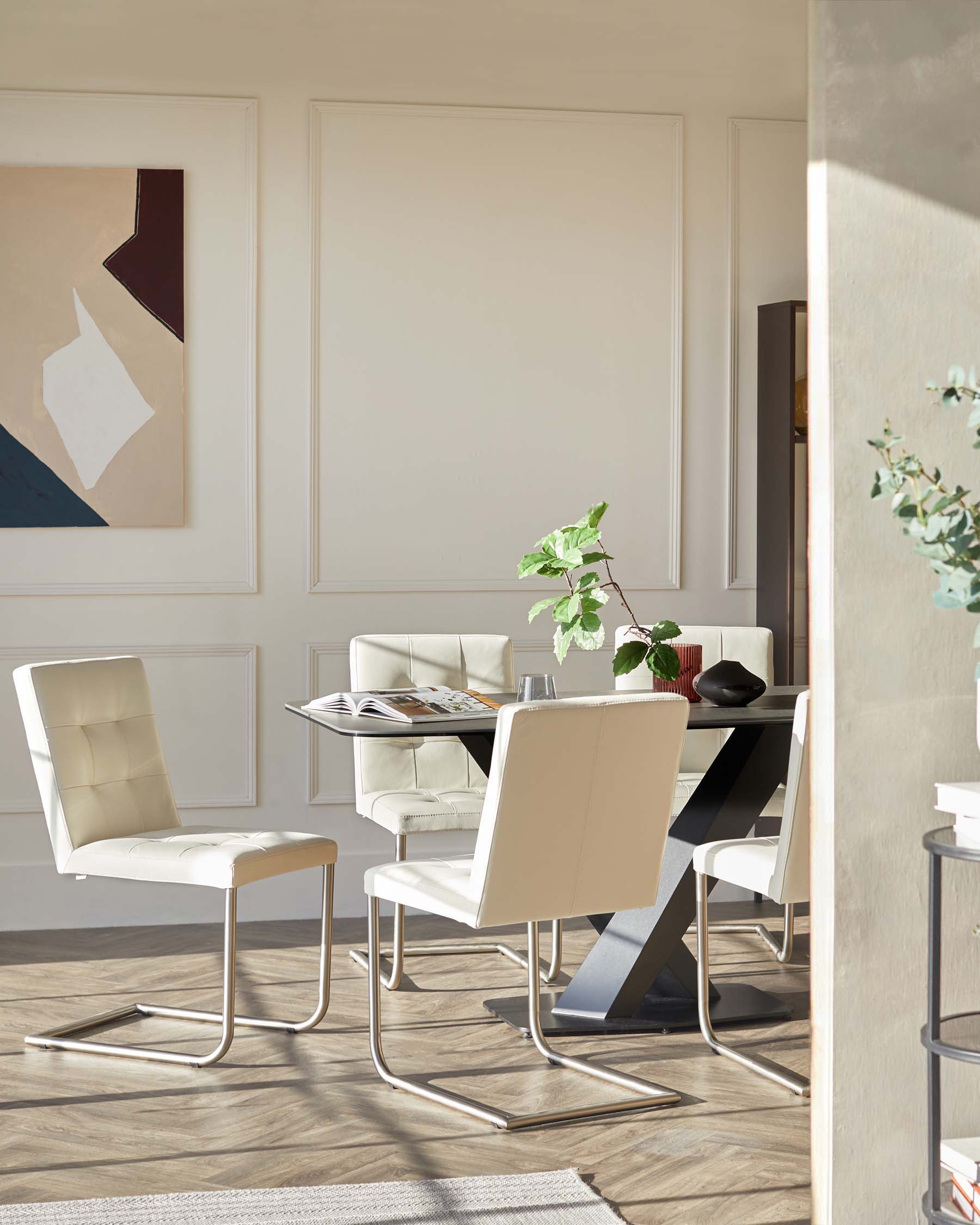 Modern dining set featuring a black table with a unique X-shaped metallic base, paired with four beige upholstered chairs with sleek, cantilevered chrome frames.