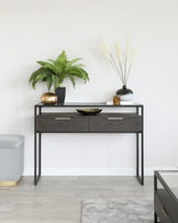 Modern minimalist console table with a slim metal frame and two dark wood drawers, set against a white wall and light wooden floor.