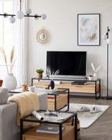 Modern living room furniture collection featuring a sleek black metal frame with warm wooden accents. Includes a low-profile TV stand with open shelving, a rectangular coffee table with a clean-lined design, and a matching side table. Each piece showcases a balance of open and closed storage, ideal for contemporary interiors.