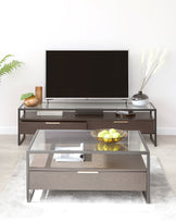 Modern living room setup featuring a sleek, dark wooden TV console with drawers and shelves, and a contemporary glass-topped coffee table with a wooden shelf and metal frame. Both pieces exhibit clean lines and minimalist design.