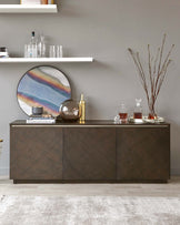 Elegant, modern dark wood sideboard with clean lines and smooth finish, featuring three sleek cabinet doors with subtle handles and a low-profile base. Perfect for contemporary living spaces.