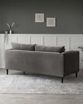 Modern grey fabric sofa with two cushioned seats and clean, straight lines, resting on dark wooden legs. The sofa is situated on a faded white patterned area rug.