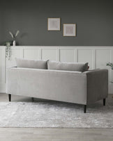 A modern, minimalist light grey fabric sofa with clean lines, elevated on low-profile black legs, against a dark grey wall. The setting includes a distressed white rug, with framed abstract art pieces on the wall above, and a vase with a single decorative grass on a white wainscoting backdrop.