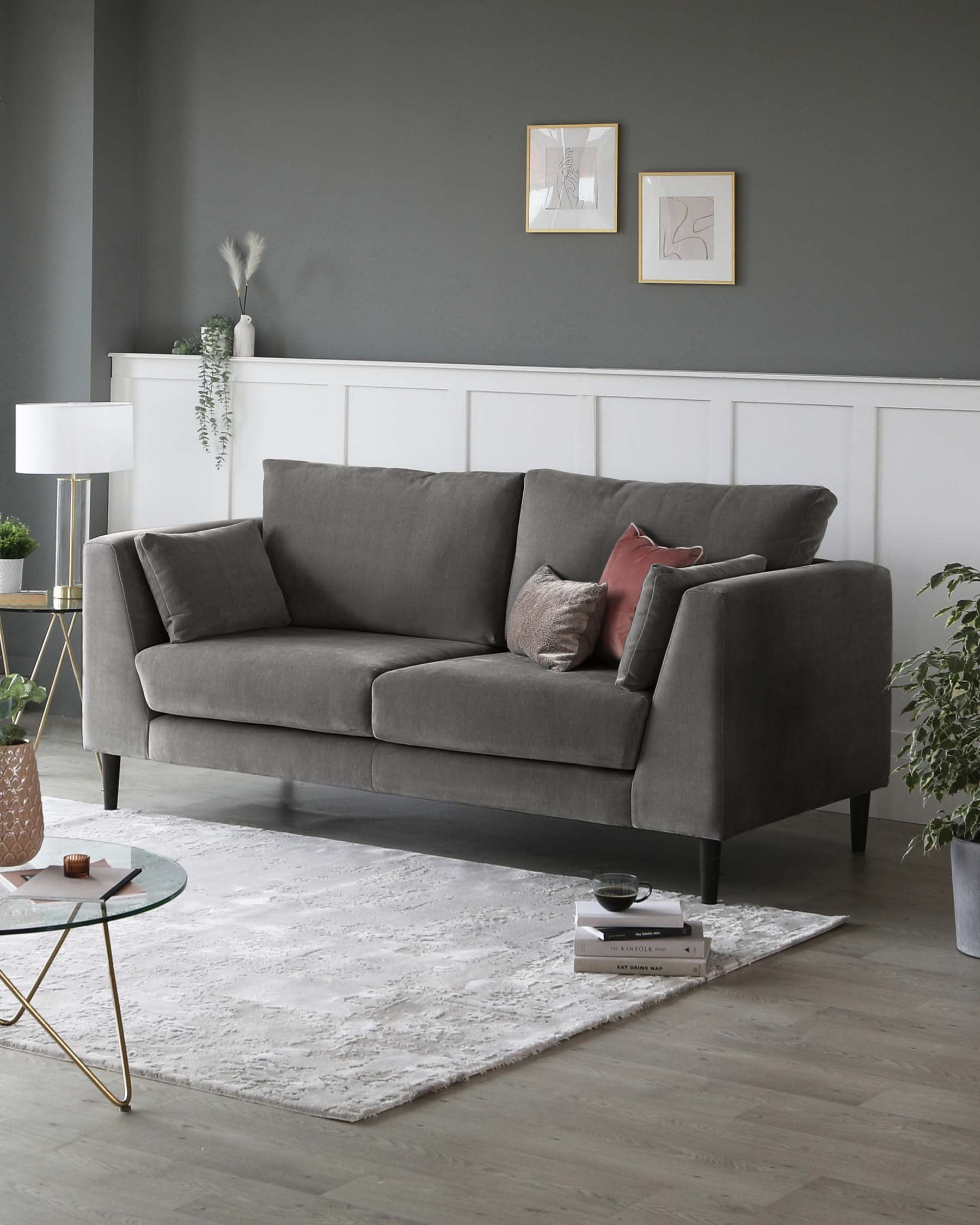 Modern three-seater sofa in a muted grey fabric, featuring cushioned armrests, two large back cushions, and two smaller throw pillows in complementing colours. The sofa sits on a low-profile ribbed metal base which gives it a sleek floating appearance. A round glass-top coffee table with a golden metal frame is positioned in front, partially resting on a textured white area rug. The setup exudes contemporary style with minimalistic allure.