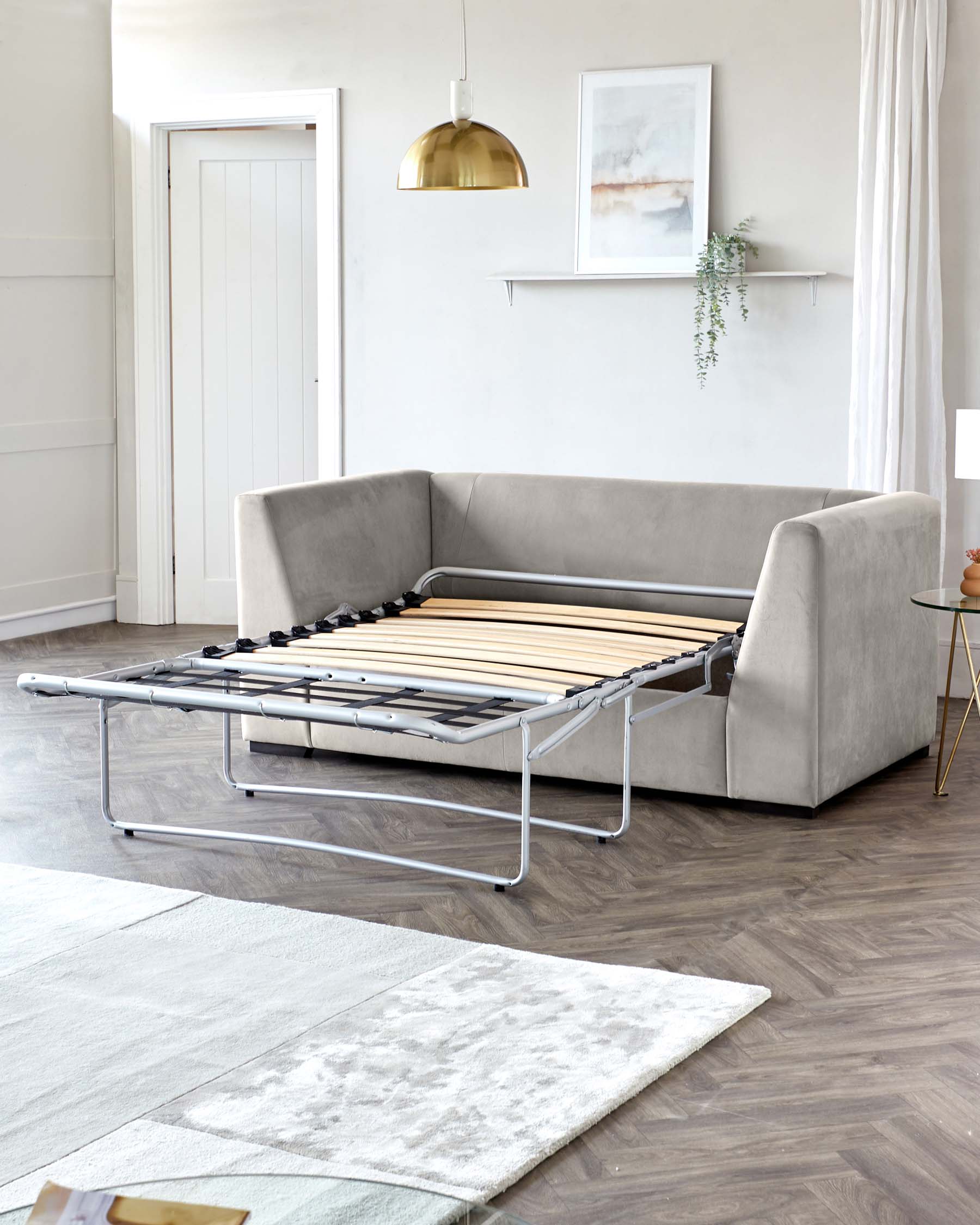 Modern light grey convertible sofa bed with a metal frame and wooden slats, partially extended into a bed, in a minimalist living room setting.