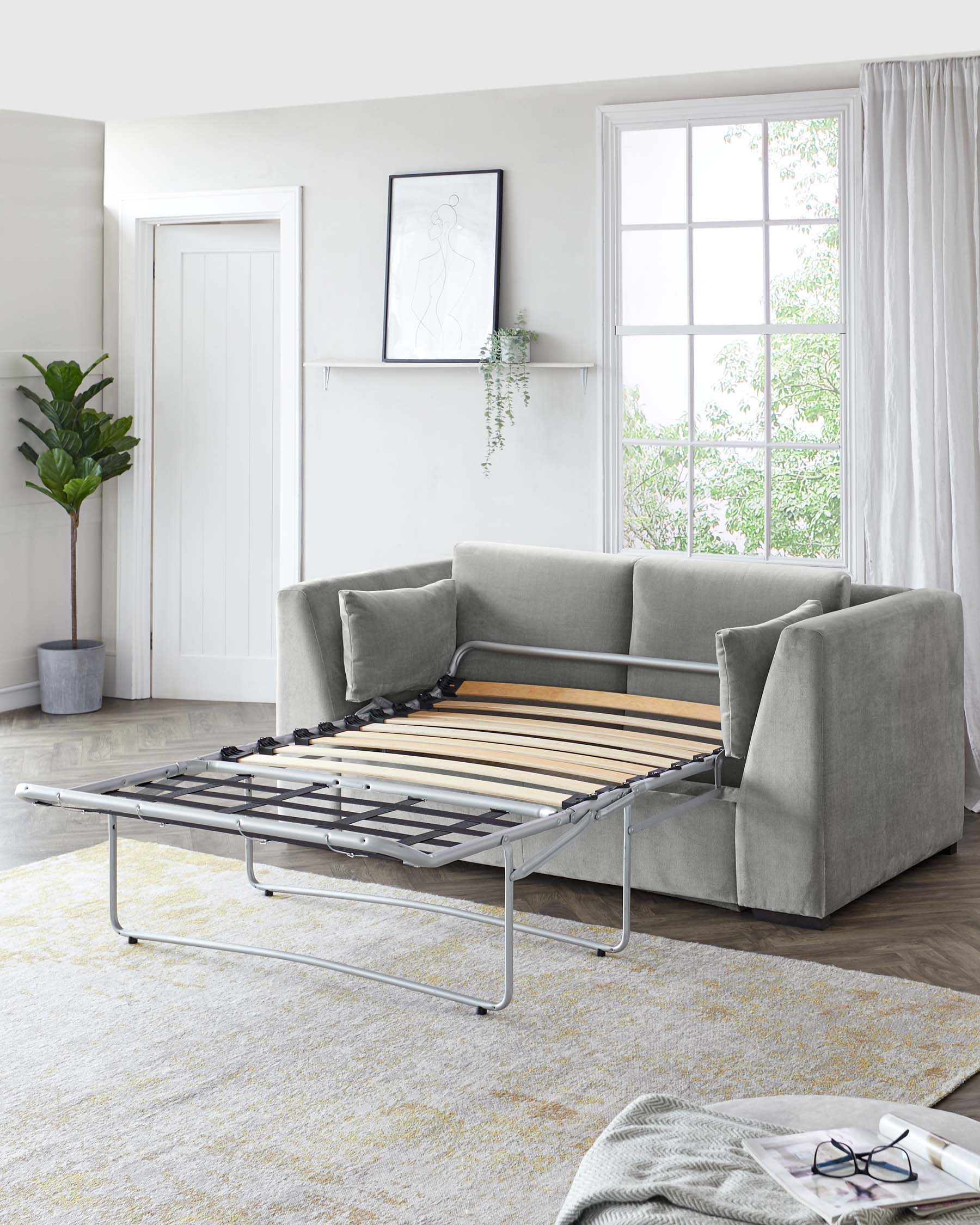 A modern grey fabric sofa with plush cushions and a contemporary design, partially transformed into a bed with a fold-out metal frame and wooden slats visible, in a well-lit room with a white and yellow patterned area rug underneath.