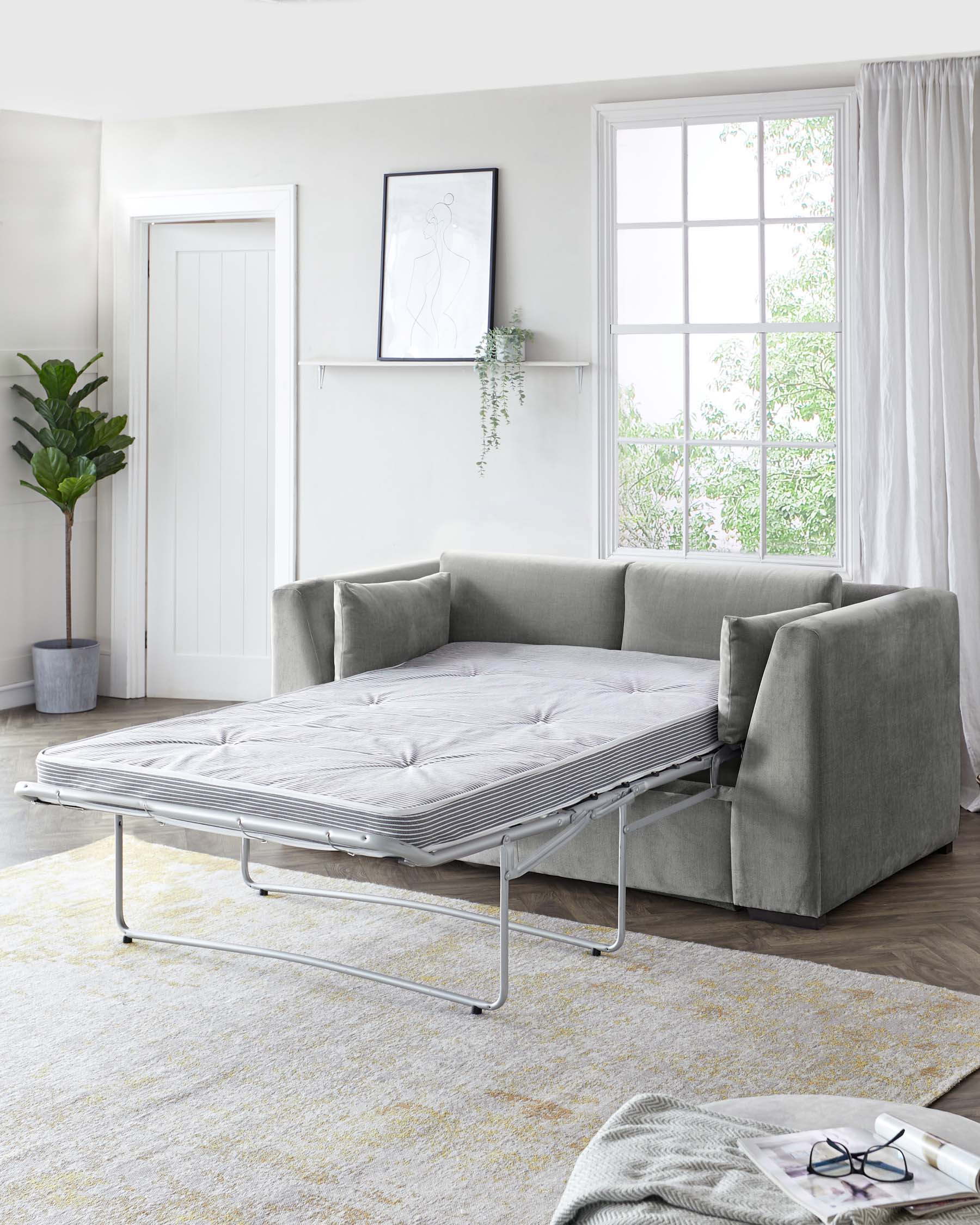 A modern light grey corner sectional sofa with a pull-out bed feature, showcasing a tufted mattress on a metal frame, positioned in a bright room with natural lighting.