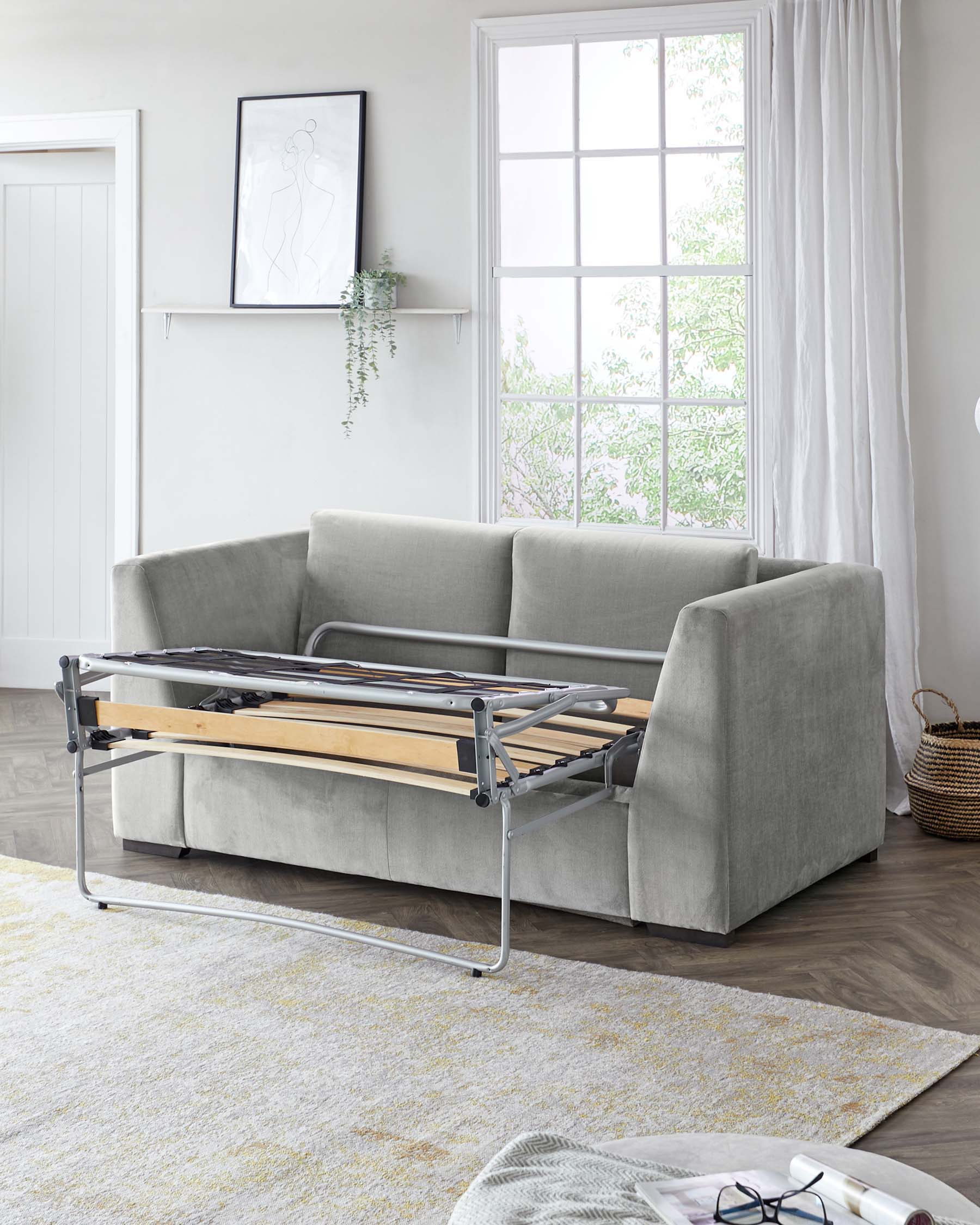 Modern light grey fabric sofa with a pull-out bed mechanism featuring a metal frame and wooden slats, showcased in a bright room with natural light.