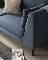 Navy blue fabric sofa with plush seating, complemented by a matching lumbar pillow and a contrasting textured cream throw pillow. The sofa features elegant tufted detailing on the cushions and a slim, tailored armrest. Dark wooden legs provide a subtle lift off the floor, and the scene is casually accented with an open newspaper and a pair of eyeglasses resting beside the couch on a grey area rug.