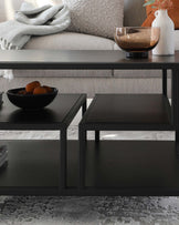 Contemporary matte black nesting coffee tables with clean lines and minimalist design. The set includes two square tables that fit neatly under a rectangular table, all featuring slim legs and a lustrous finish. On the rectangular table, there is a black bowl with spherical contents and a clear glass vase with a white body. The setup is complemented by a cosy sofa with textured cushions in the background, over a soft grey area rug.