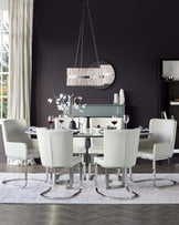 Modern dining room set with a sleek, round glass-topped table and six luxurious cream upholstered chairs featuring curved, metallic cantilever bases. A stylish sideboard with a matte finish and simple handles complements the ensemble.