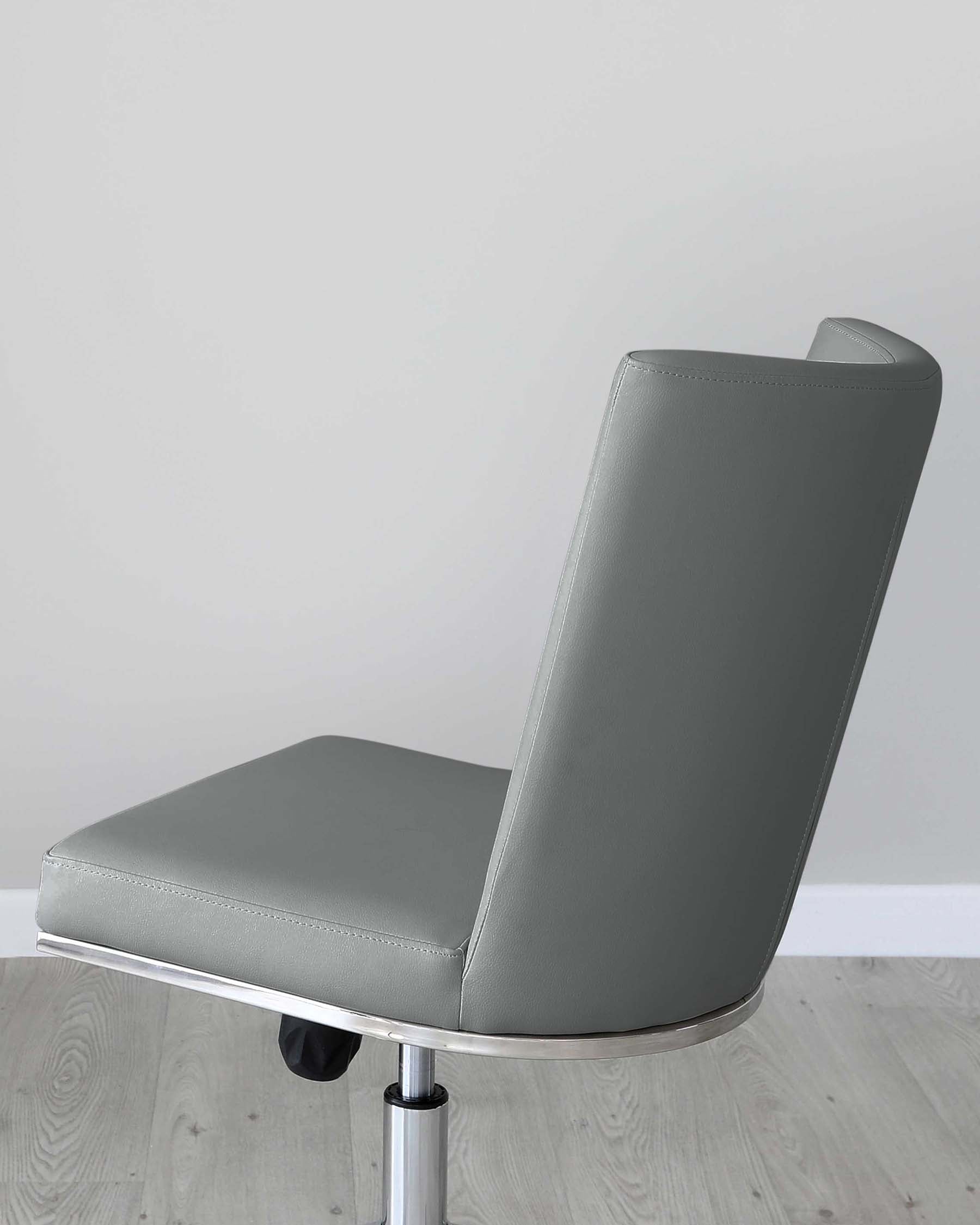 Modern grey office chair with a high back, armless design, and a five-caster wheel base for mobility. The seat and backrest are upholstered in grey leatherette with visible stitching details, and the chair has an adjustable height lever under the seat.