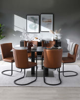 A modern dining room set featuring a rectangular black table with a glossy finish, surrounded by four caramel brown leather chairs with a curved back design and unique black metal sled bases. The set is placed on a textured grey and white area rug.