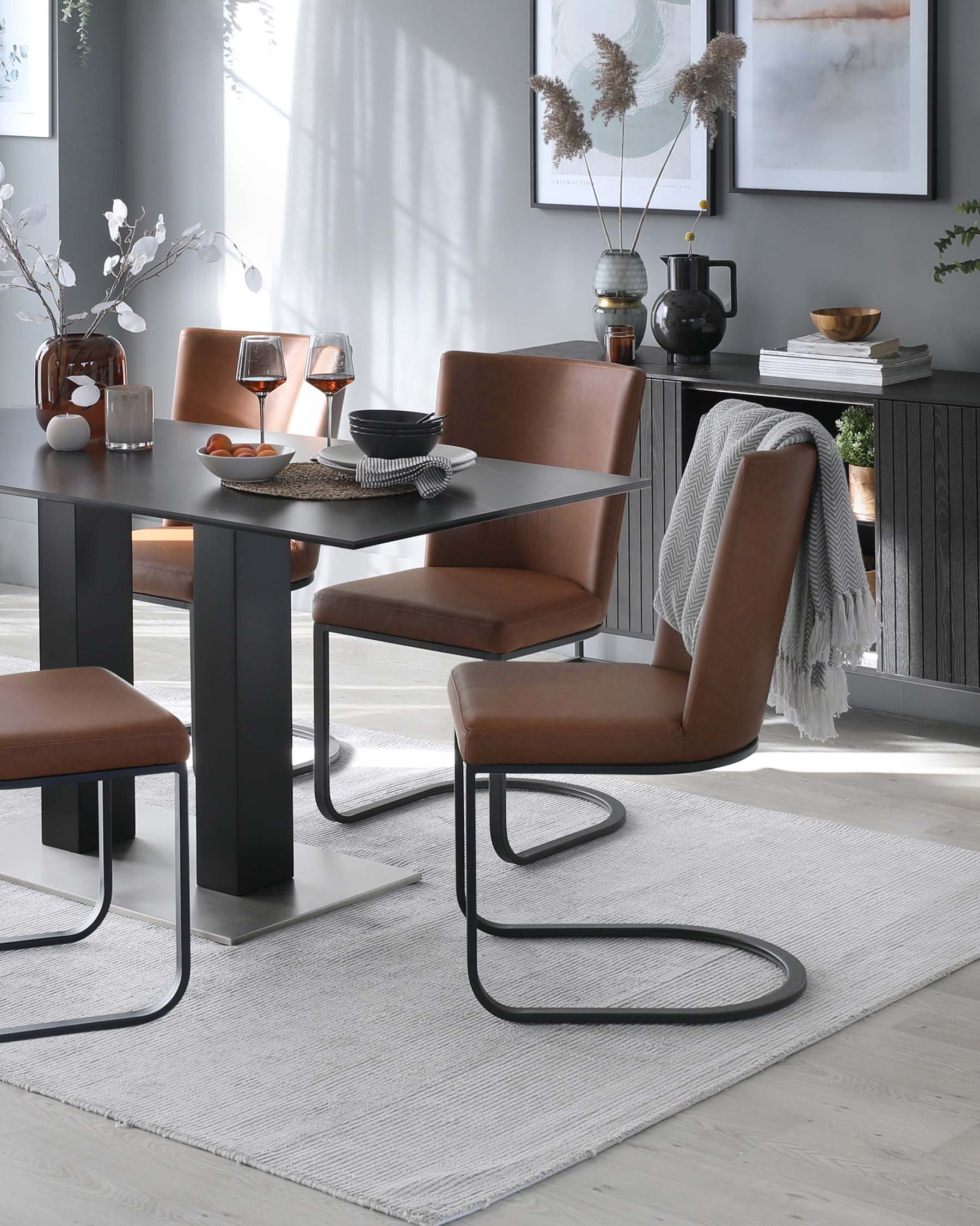 Contemporary dining room featuring a rectangular table with a matte black finish and a central metallic pedestal base, surrounded by four stylish chairs with brown faux leather upholstery and unique black metal cantilever bases. A textured light grey area rug underlays the set. Accents include a sideboard with decorative items and framed artwork on the wall.