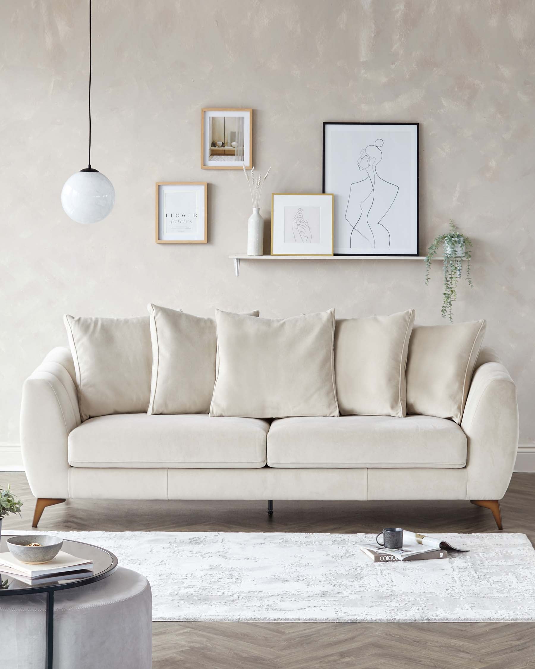 Elegant beige three-seater sofa with plush cushions and modern tapered wooden legs, paired with a round grey ottoman. In the foreground, a round black side table holds decorative items, complemented by a textured white area rug below.