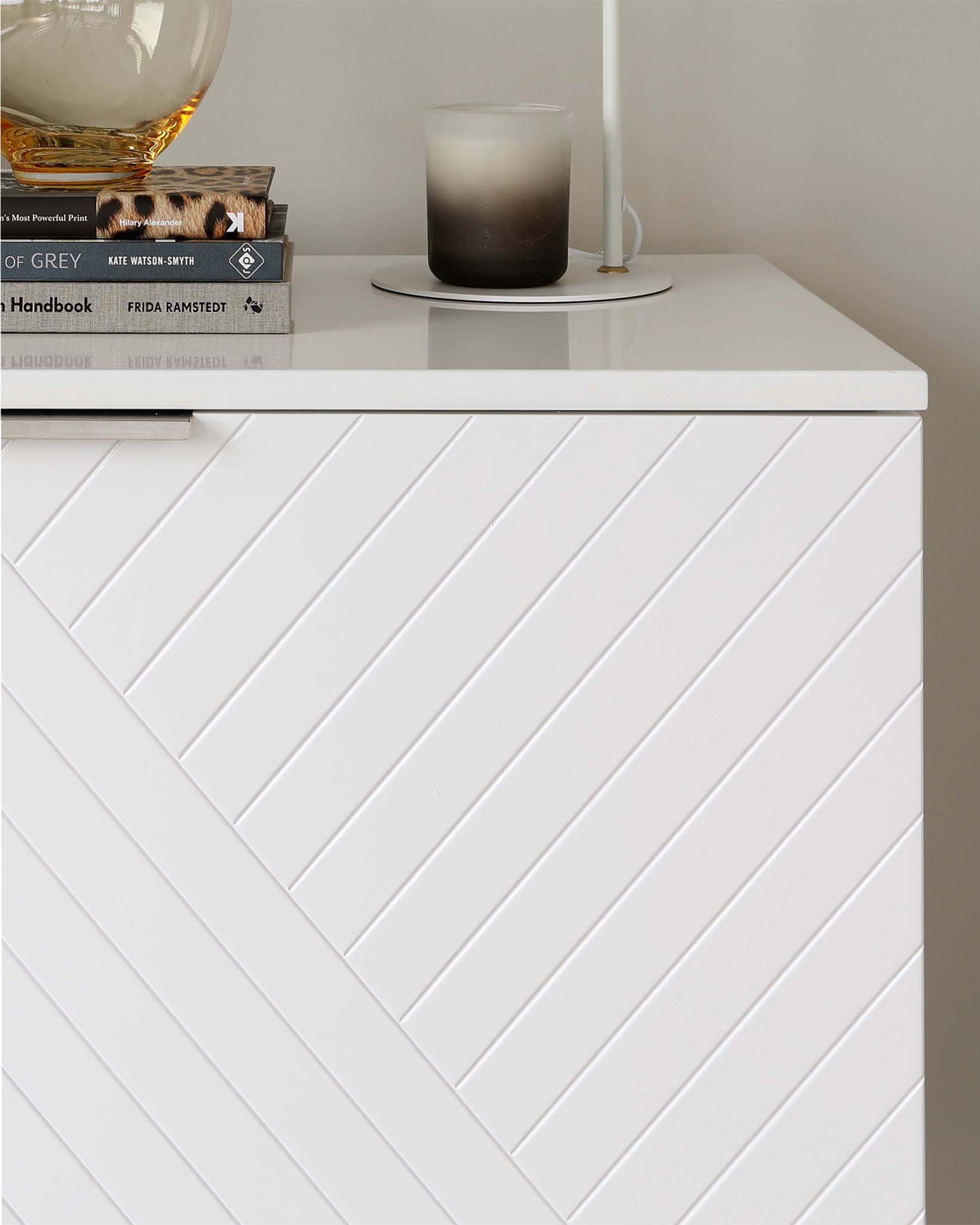 White modern dresser with a textured chevron pattern on the drawers.